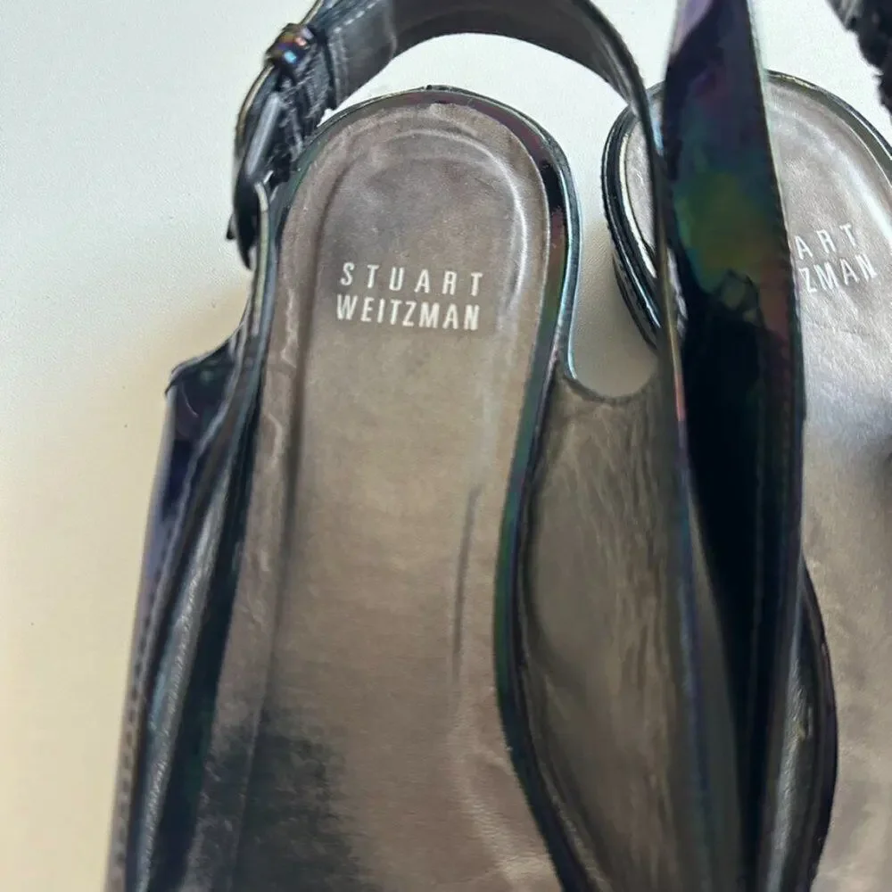 Stuart Weitzman Patent Leather Sling Back Flats Women's 8 Black‎ Petrol Patent